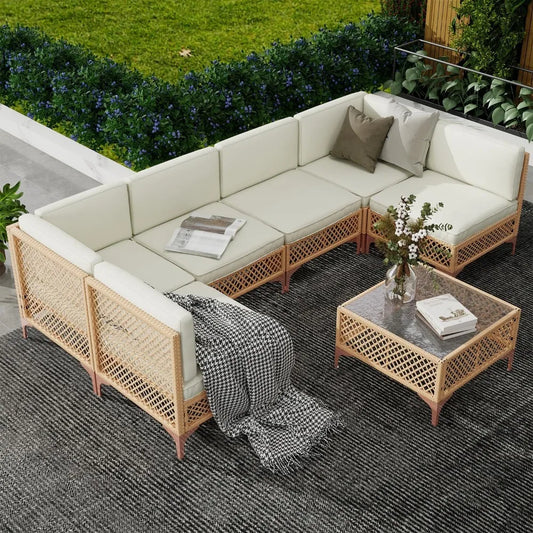 7-Piece Boho Outdoor Patio Furniture Set – Sectional Sofa with Coffee Table for Backyard & Garden