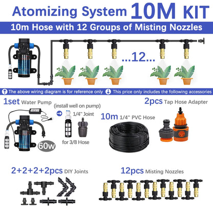 60W Self-Priming Misting Pump Kit 30–10m Cooling System with Adjustable Nozzle Atomizer for Garden Irrigation & Watering System
