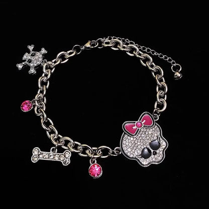 Pink Bow Rhinestone Skull Bracelet - Y2K Gothic Thick Chain Charm Jewelry for Women