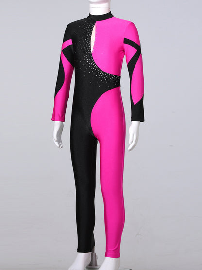 Kids Girls Long Sleeve Rhinestone Bodysuit — Full Body Dancewear Gymnastics Leotard Skating Jumpsuit