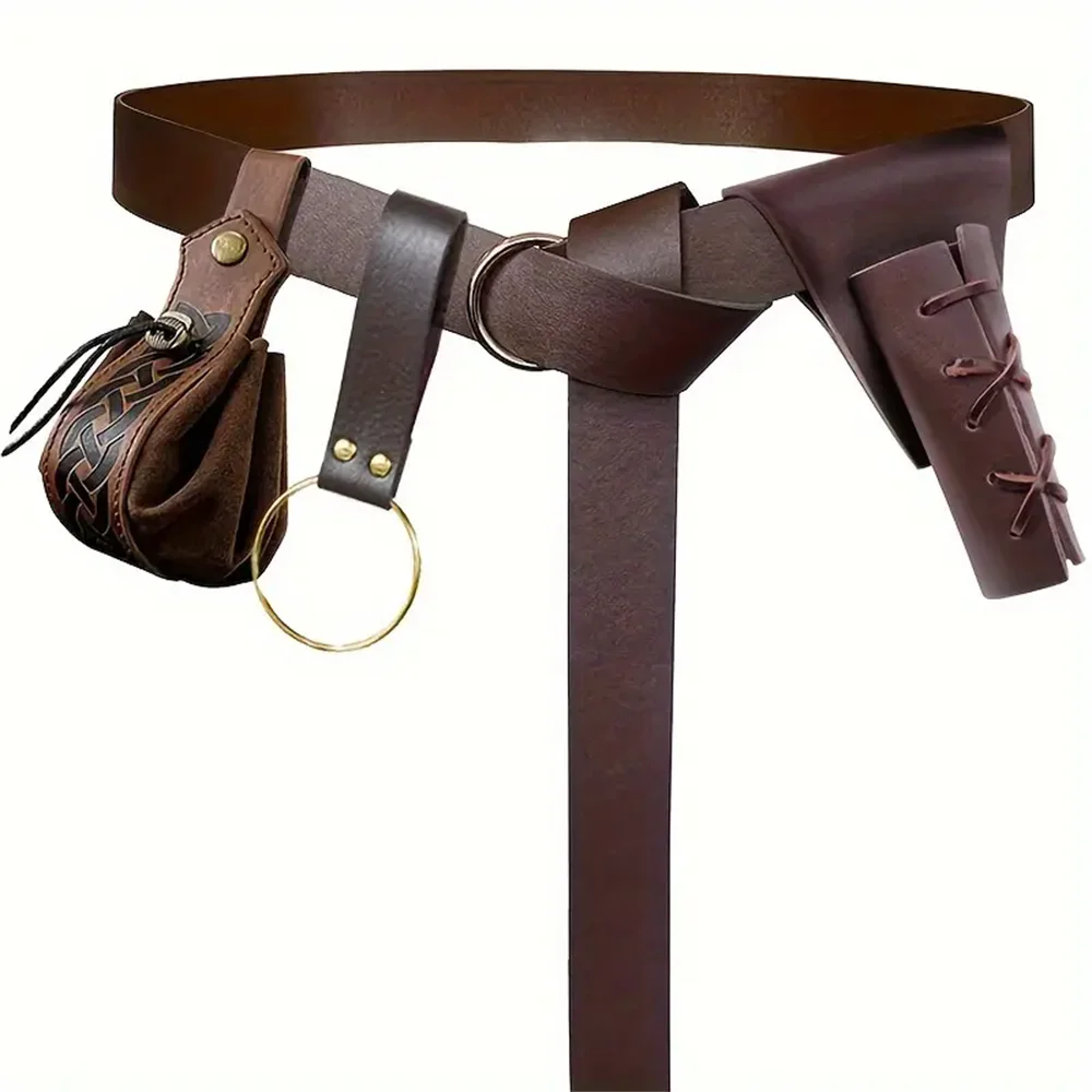 Halloween Medieval Cosplay Belt Set – Leather Waist Bag with Copper Coin & Sword Sheath for Brave Knight Role-Playing Accessories