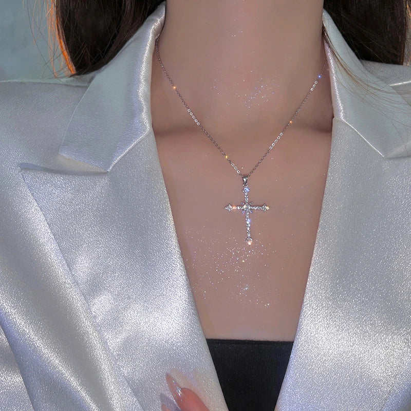 Women’s Crystal Zircon Cross Necklace - Trendy Chain Choker Pendant Jewelry for Party and Gift Style