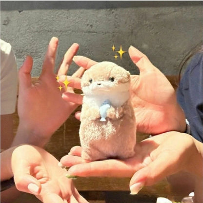 Cute Otters Holding Fish Plush Keyring - Lightweight Hanging Pendant, School Bag, Key Wallet & Toy Gift (11cm)