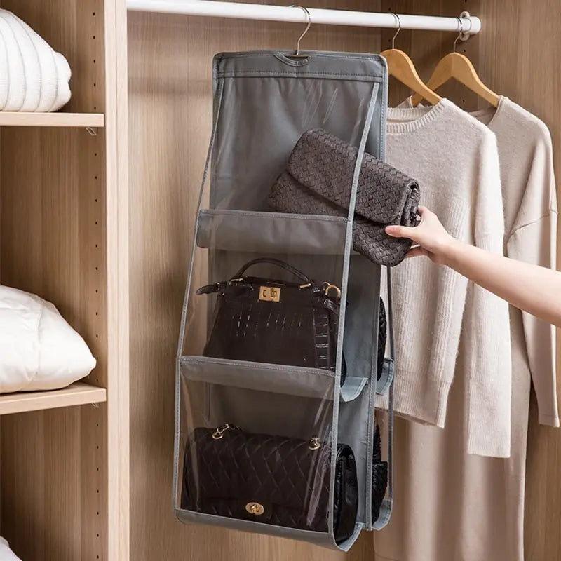 6-Pocket Hanging Handbag Organizer – Gray Waterproof Storage Bag with Hanger for Closet, Door & Wall