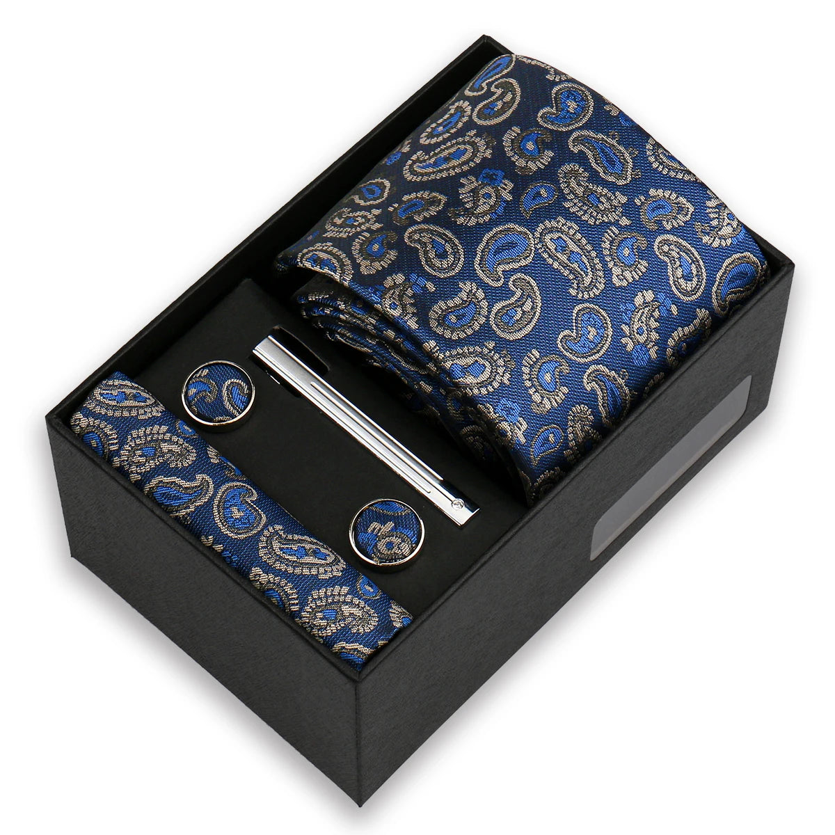 Men's Tie & Cufflink Gift Set - 8cm Necktie Handkerchief Clip Box for Formal Business Suits