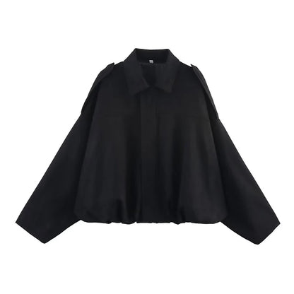 Women's Vintage Bomber Jacket Coat – Turn-Down Collar Long Sleeve Loose Fit Chic Fashion Outerwear