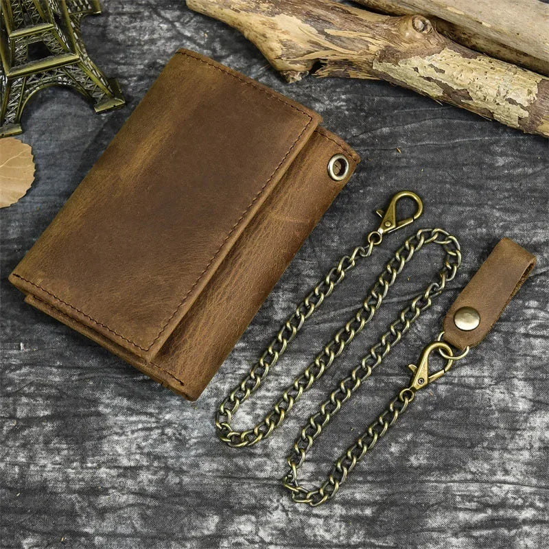 Men’s Genuine Leather Short Wallet with Chain – Trifold Zipper Clutch, Card Holder & Coin Purse