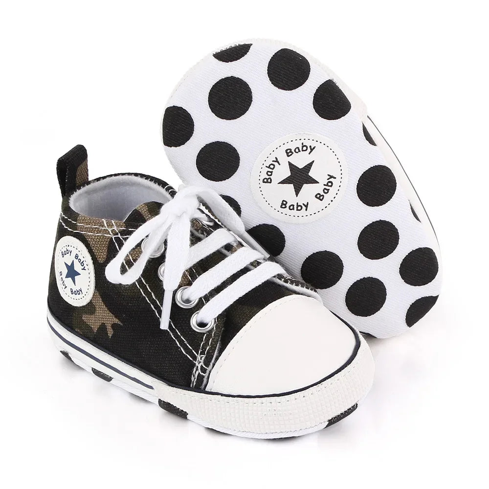 Baby Canvas Sports Sneakers - Newborn Boys and Girls First Walkers, Anti-Slip Star Print Toddler Shoes