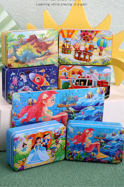 60PCS Cartoon Jigsaw Puzzle with Metal Box – Kids Educational Animal & Vehicle Puzzle Game