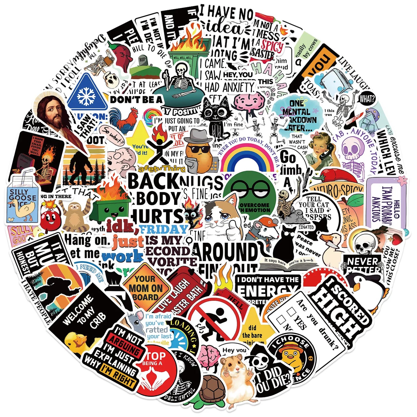 100PCS Cartoon MEME Stickers — Snarky Decals for Phone, Scrapbook, Skateboard, Suitcase, Refrigerator & Graffiti Aesthetic
