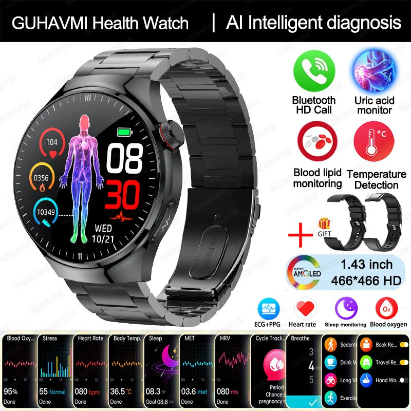 2025 Nursing-Grade Smartwatch — Blood Oxygen, Lipid, Uric Acid, ECG+PPG, Body Temperature & Bluetooth Call Health Tracker