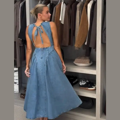 Elegant Pleated Denim Dress for Women – 2025 Chic Slim Fit Lapel Vestido with Short Sleeves & Single-Breasted Design