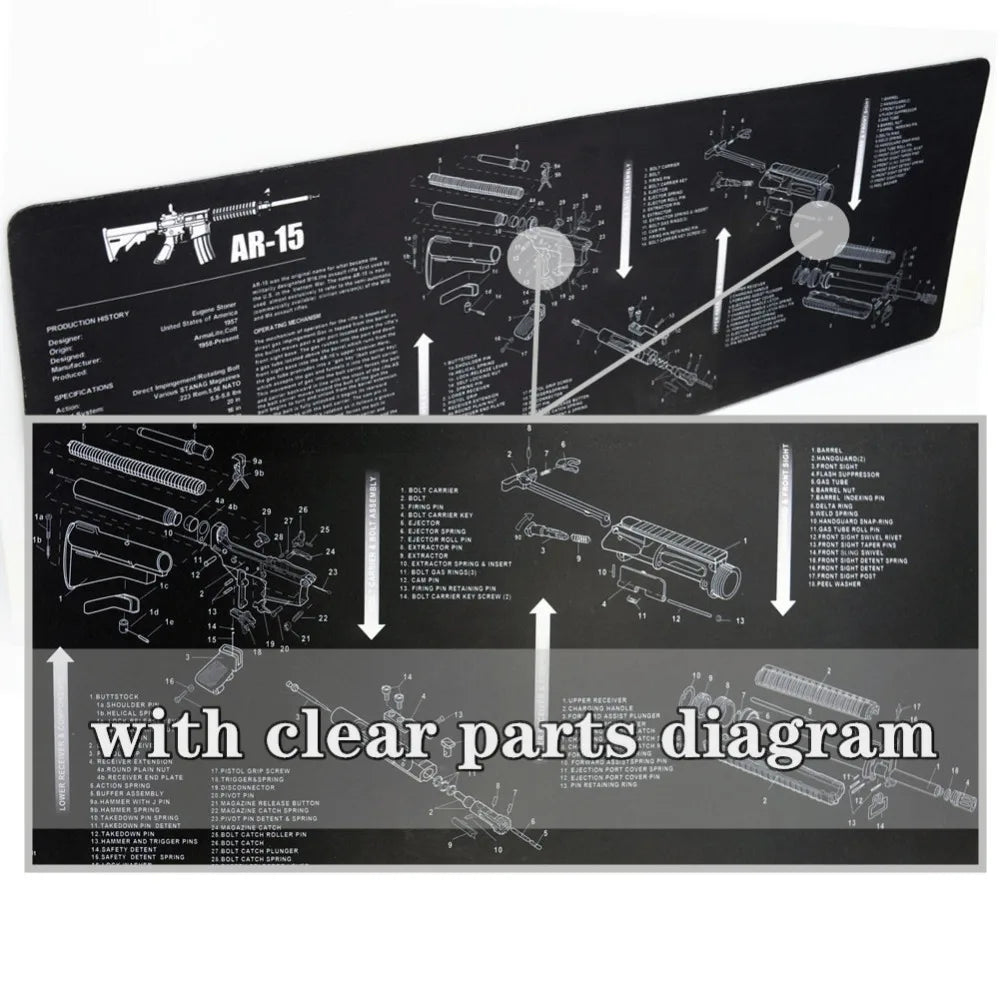 Gun Cleaning Mat Mouse Pad — Armorers Bench Mat with Parts Diagram & Instructions for AR15, AK47, GL, 1911