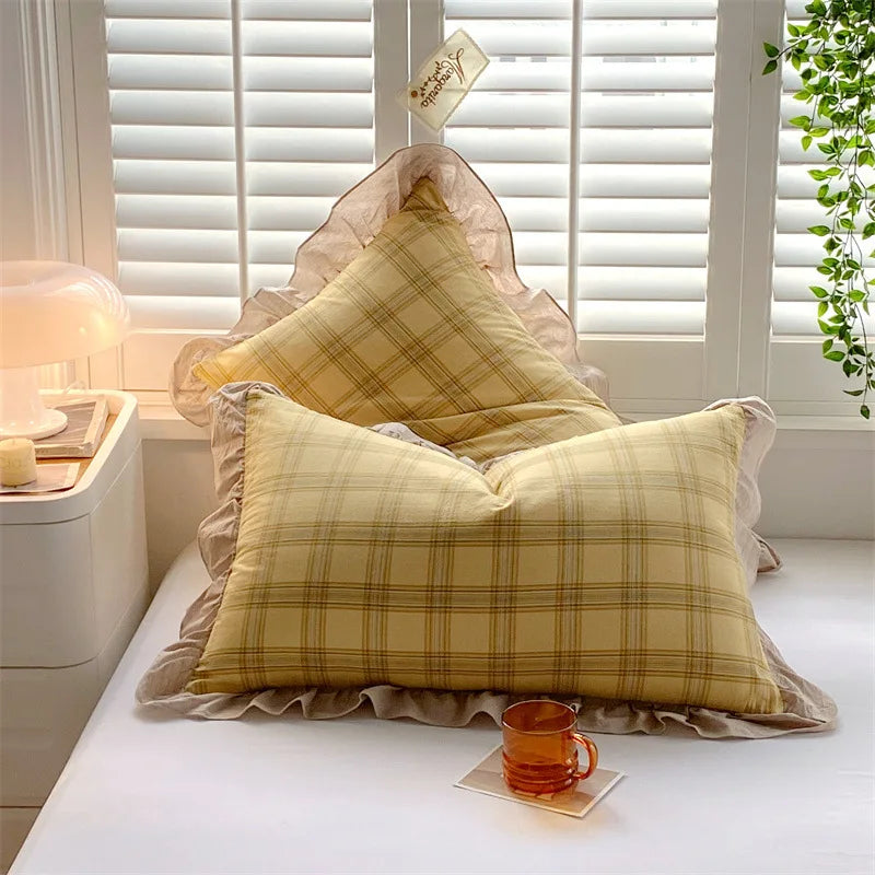 2 Pack 48x74cm Plaid Washed Cotton Pillowcases – Super Soft Ruffled Bedding Covers for Home & Dorm Decor