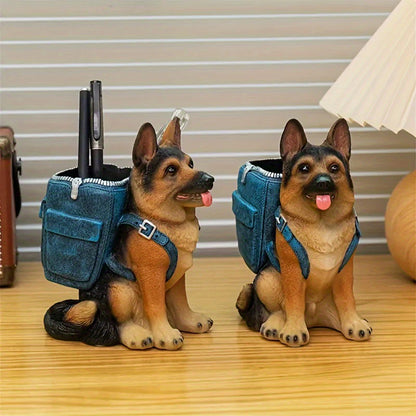 Creative Dog Desk Pencil Holder – Resin German Shepherd Pen Storage Sculpture, Office Desk Ornament & Utensil Rack
