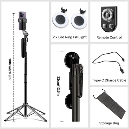 Extendable 70.8" Auto Face Tracking Tripod – 360° Rotating Phone Stand with Light & Motion Sensor for Vlog & Live Streaming