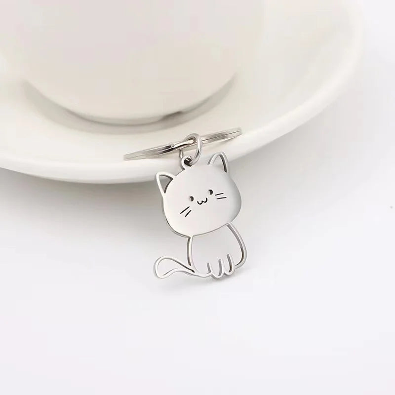 Cute Cat Keychain - Stainless Steel Metal Key Ring for Men & Women, Couple & Valentine’s Day Gift