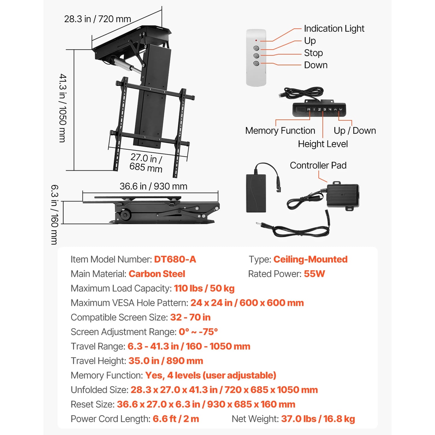 SucceBuy Motorized TV Wall Mount Bracket for 32–70 Inch TVs – Adjustable Electric Lift, Heavy Duty, Max VESA 24x16/24, 88–132 lbs Capacity