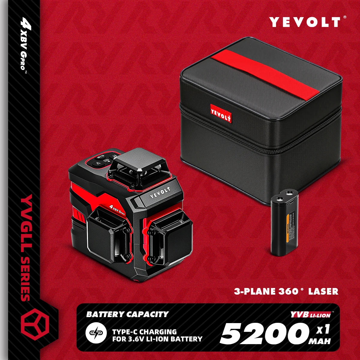 YEVOLT YVGLL4XS12 12-Line Green Laser Level – ±0.2mm/m Precision, IP54 Waterproof, Auto-Leveling with Slope Mode