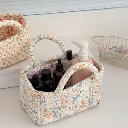 Cute Pink Flower Quilted Storage Basket with Handle – Foldable Home Organizer for Pet Toys & Room Storage