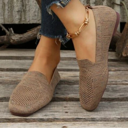 Solid Color Square Toe Mesh Loafers – Women’s Casual Slip-On Ballet Flats, Soft Bottom Knit Boat Shoes