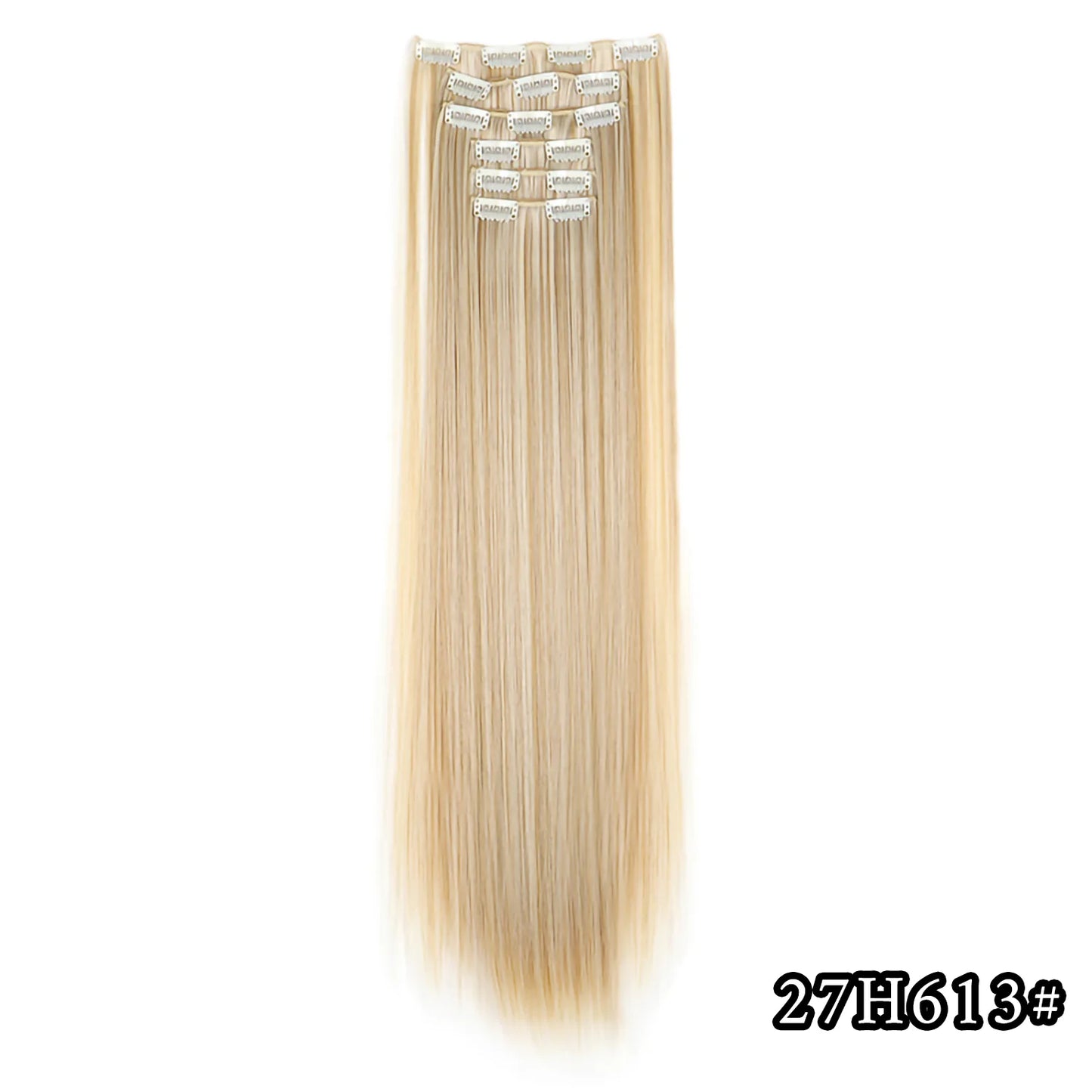 24-Inch 16 Clips-in Hair Extensions – Long Straight Synthetic Blonde & Black Hairpieces, Heat Resistant for Daily Use