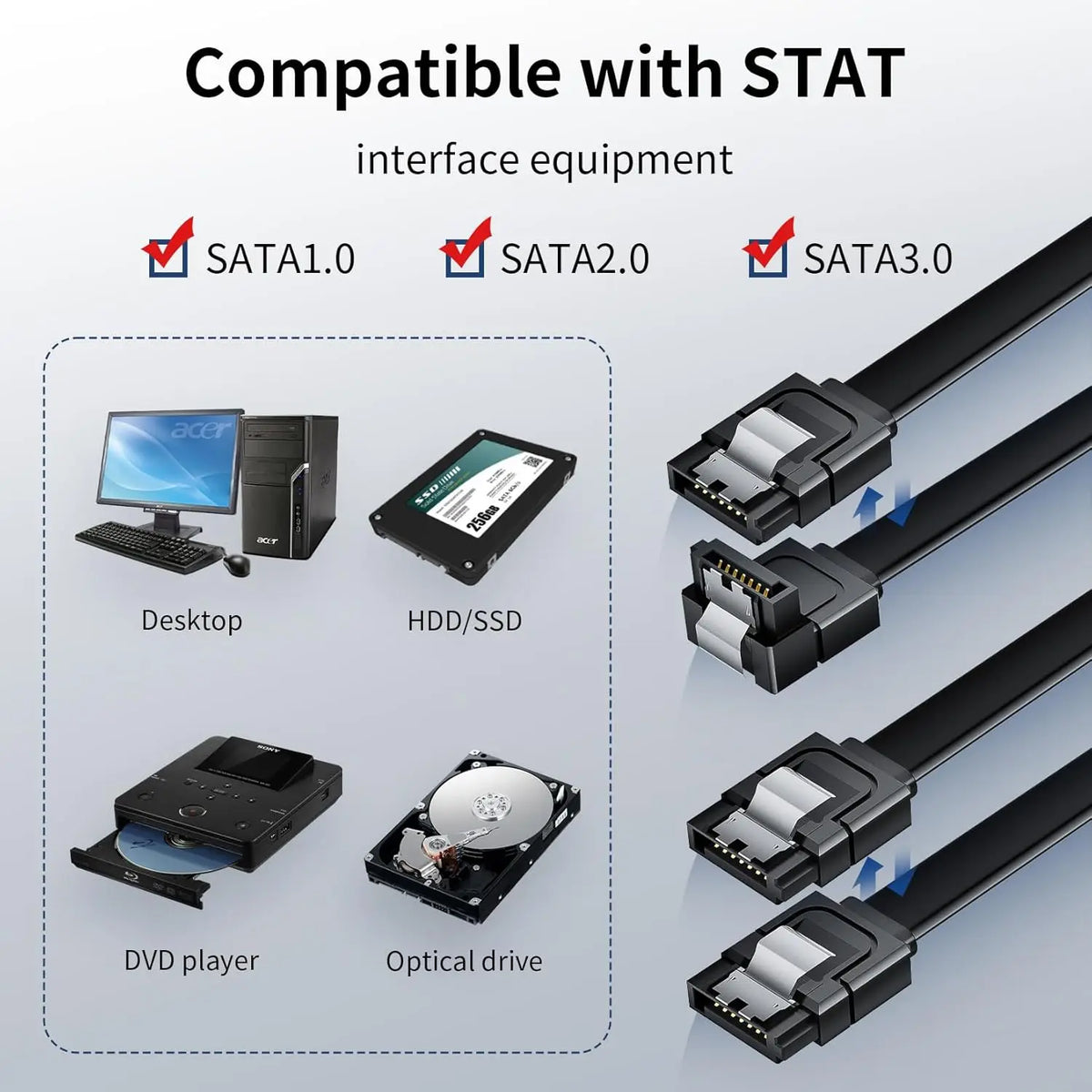 SATA 3.0 SSD Data Cable - 6Gbps High-Speed SATA III Cable for HDD, SSD, CD Drive and Desktop PC