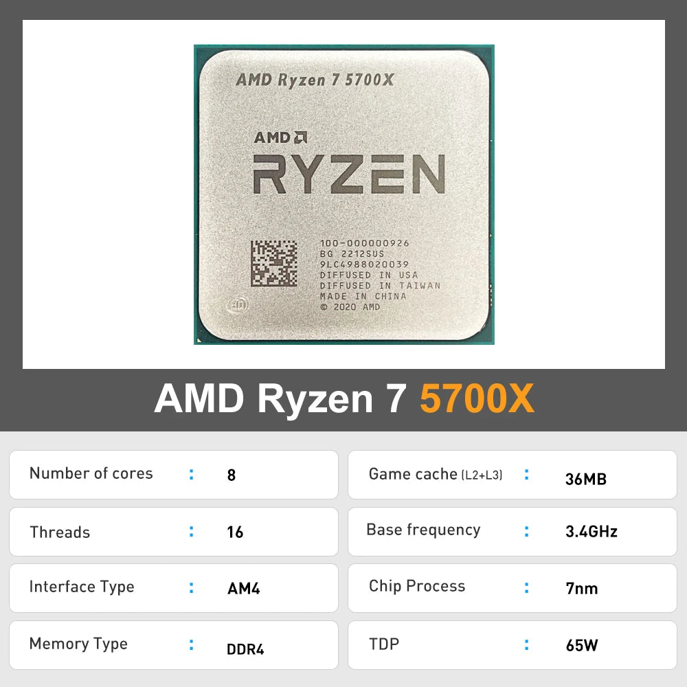 AMD Ryzen 7 5700X – 3.4GHz 8-Core 16-Thread CPU Processor, 7nm, L3=32MB, Socket AM4 Gaming CPU