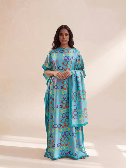 Long Silk Blend Beach Cover Up Dress - Elegant Middle Eastern Print Loose Robe for Women