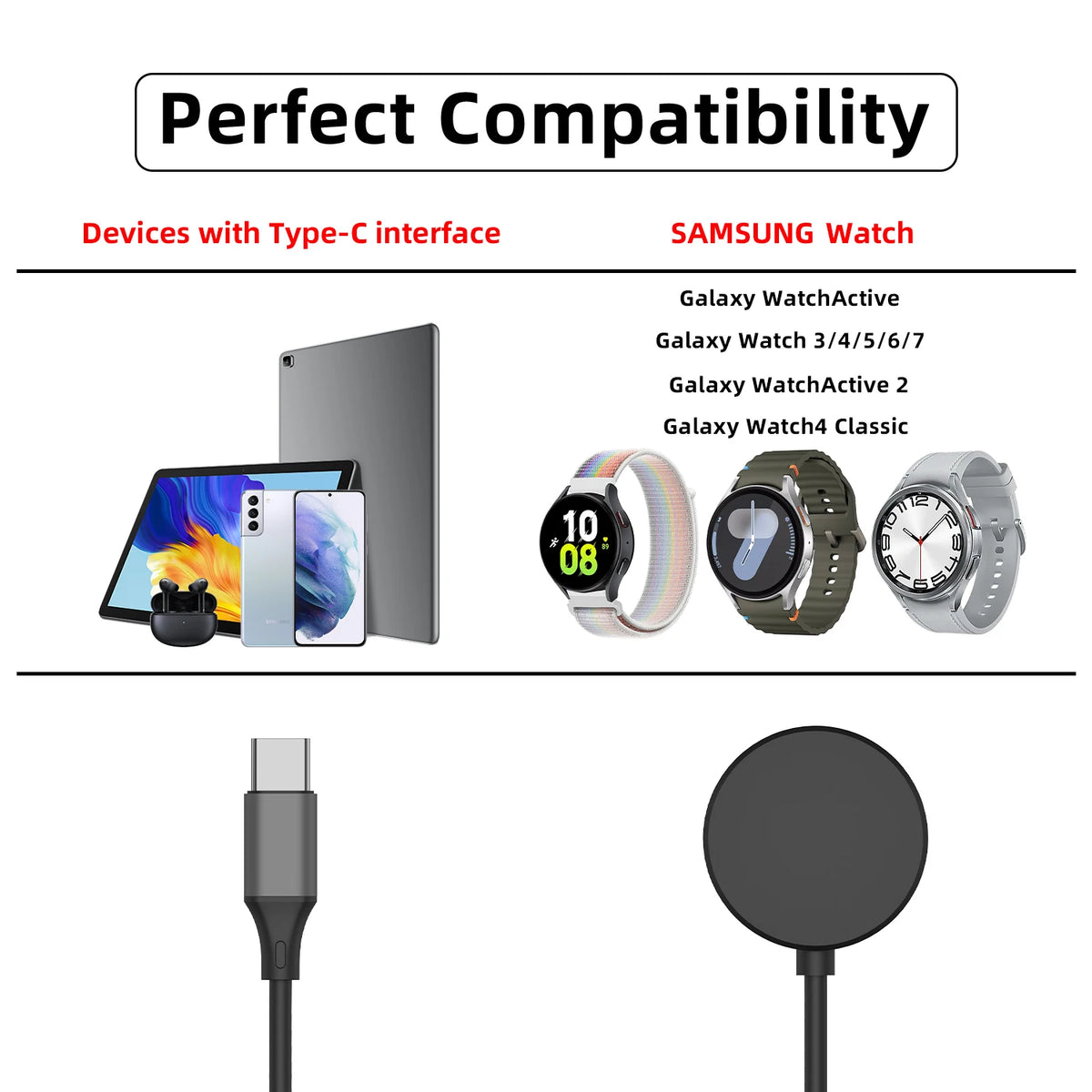 Samsung Galaxy Watch USB-C Fast Charger - PD 60W Charging Cable for Galaxy Watch Ultra, 7, 6, 6 Classic, 5, 5 Pro and Galaxy S25, S24, S23, Z Fold 6