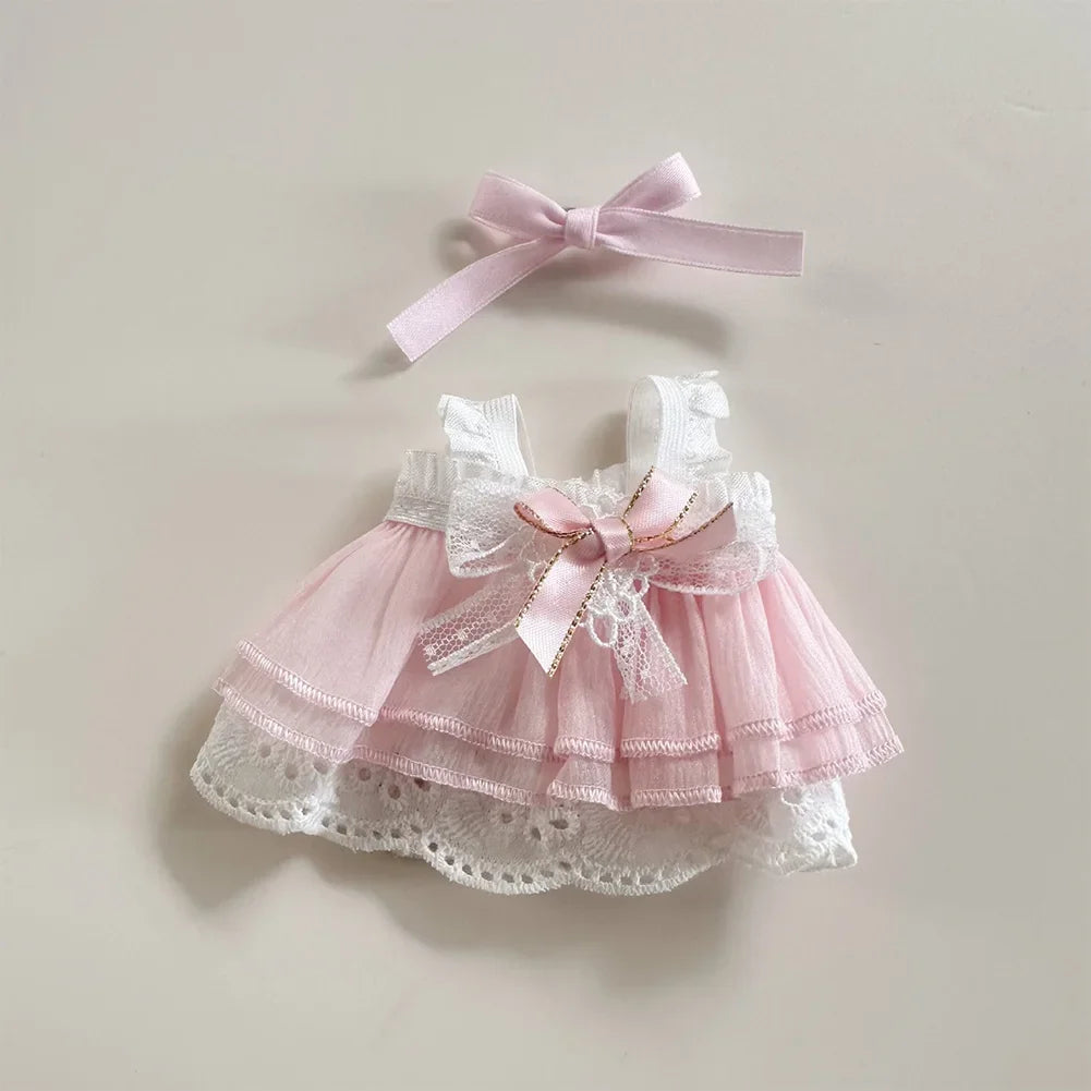 17cm Mini Plush Doll Clothes — Kpop Labubu Idol Outfit with Pink Silk Bow & Princess Gauze Skirt Accessories