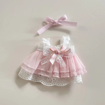 17cm Mini Plush Doll Clothes — Kpop Labubu Idol Outfit with Pink Silk Bow & Princess Gauze Skirt Accessories