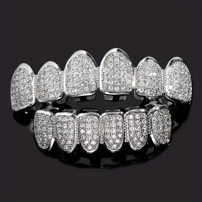 HipHop CZ Teeth Set – Unisex Gold & Silver Top/Bottom Mouth Caps, Removable Dental Fashion Jewelry