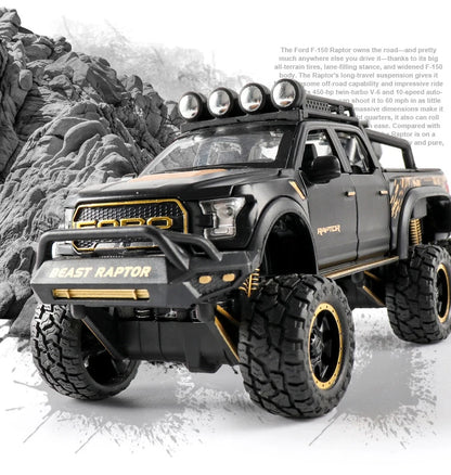 1:24 Diecast F150 Raptor Pickup Truck — Metal Model Car with Sound & Light for Kids Age 3+, Blue