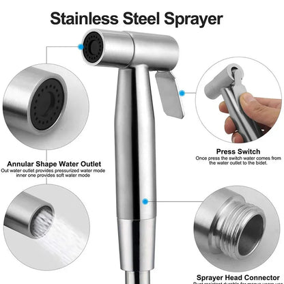 Stainless Steel Toilet Bidet Sprayer Set - Handheld Bathroom Bidet Faucet Shower Head with Self-Cleaning Spray Gun