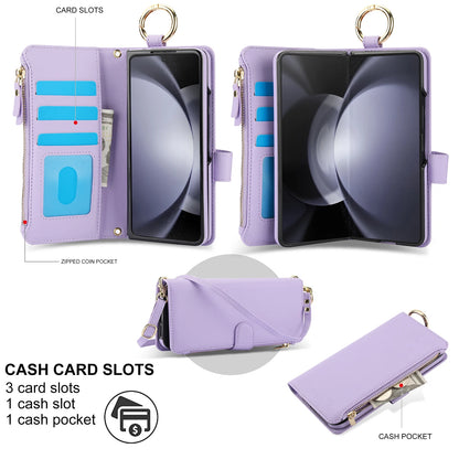 Crossbody Leather Wallet Case with Card Slots, Zipper & Kickstand for Samsung Galaxy Z Fold 3/4/5/6 – Wristband & Ring Holder