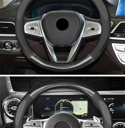 Universal Carbon Fiber Leather Steering Wheel Cover — 3D Anti-Slip, Stylish Car Accessory