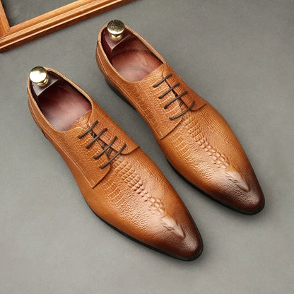 Men’s Genuine Leather Oxford Shoes - Handmade Crocodile Pattern Formal Wedding Business Dress Shoes in Black or Blue