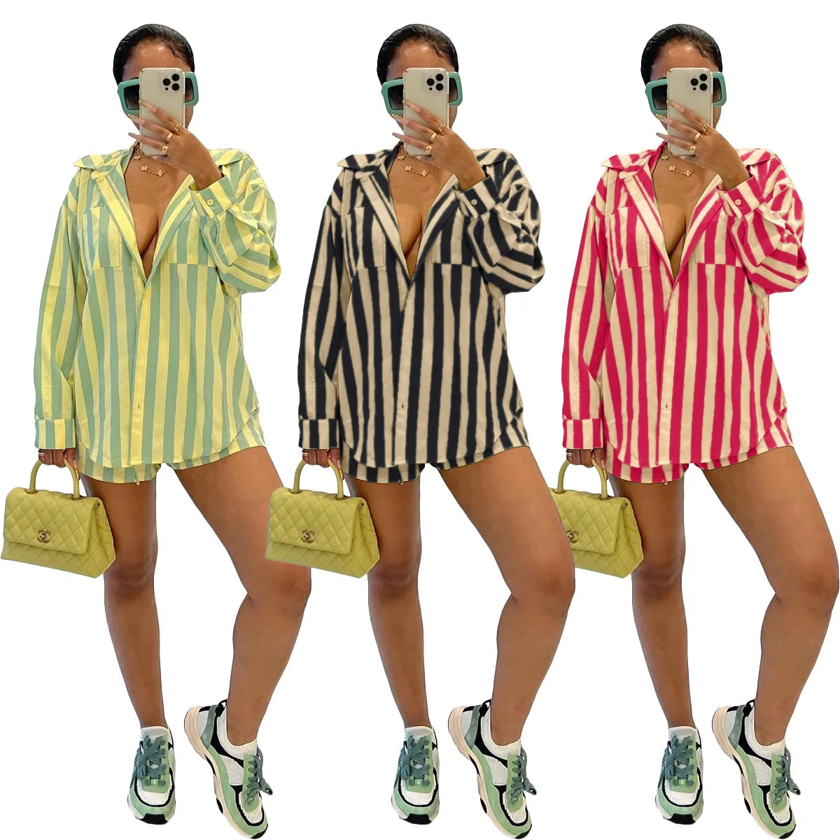2025 Women’s Casual Striped Shorts & Long Sleeve Shirt Set – Spring Summer Office & Vacation Outfit