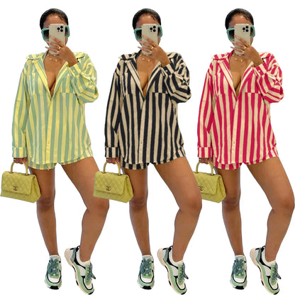 2025 Women’s Casual Striped Shorts & Long Sleeve Shirt Set – Spring Summer Office & Vacation Outfit
