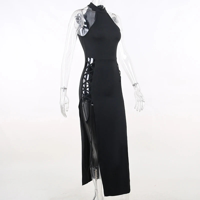 Gothic Dark Cosplay Dress – High Split Y2K Bandage Halter Slim Midi Black Grunge Partywear