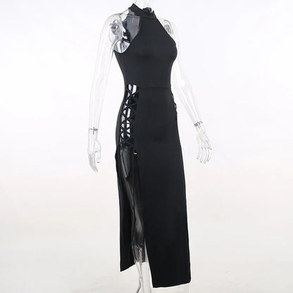 Gothic Dark Cosplay Dress – High Split Y2K Bandage Halter Slim Midi Black Grunge Partywear