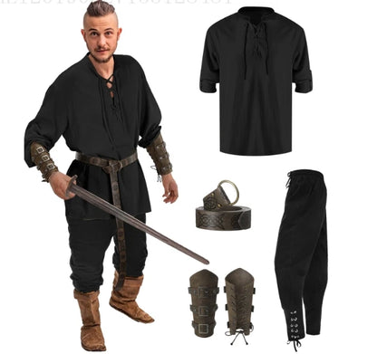 Jiuguva 4-Pcs Halloween Men's Renaissance Costume Set – Medieval Pirate Shirt, Ankle Banded Pants & Viking Belt Accessories