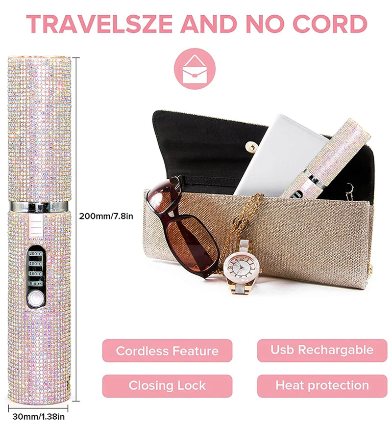 2-in-1 Wireless Hair Straightener & Curler – USB Rechargeable Diamond Design Styling Brush for Travel & Home