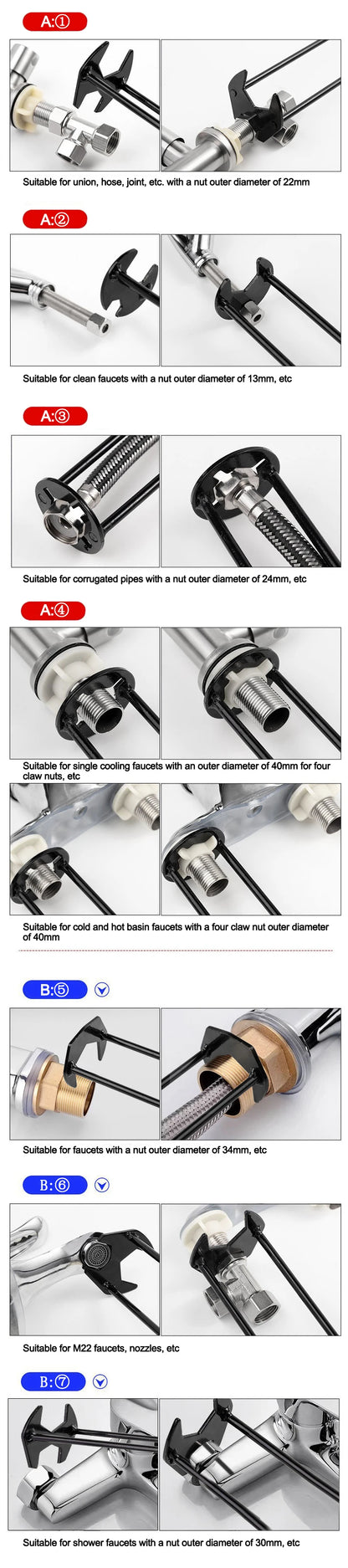 Household Plumbing Repair Tool Set – Flume Sink Wrench, Faucet Key & Hexagon Pipe Wrench (4-Claw Bathroom Tools)