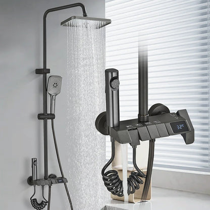 Rozin Black Smart Digital Display Shower Faucet Set - Piano Style Rainfall Bathroom System with Grey Digital Mixer Tap & Bidet Shower