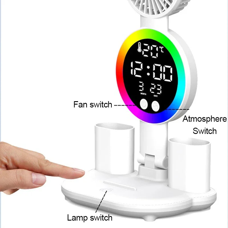 LED Desk Lamp with Fan & Clock - Adjustable Brightness Reading and Study Light