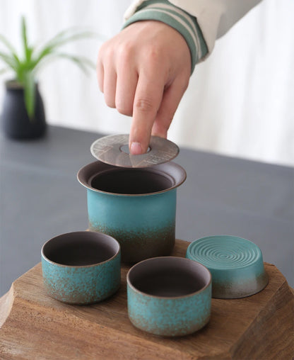 Kiln-Change Vintage Spring Green Pottery Tea Set – 1 Pot & 4 Cups, Simple Small Set for Outdoor or Tea Room