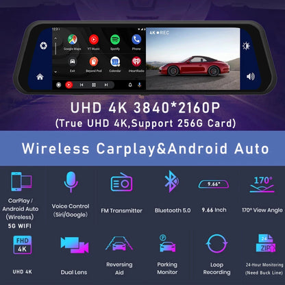 4K 2160P Dash Cam – Car DVR with CarPlay, Android Auto, Rearview Mirror Streaming, GPS, 5G WiFi, FM Radio, AUX