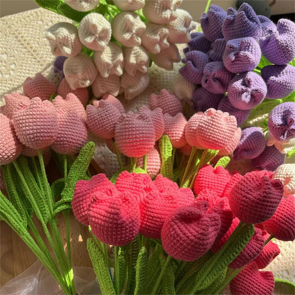 Hand-Knitted Rose, Tulip & Sunflower Bouquet – Crochet Simulation Floral Arrangement for Home Table Decor